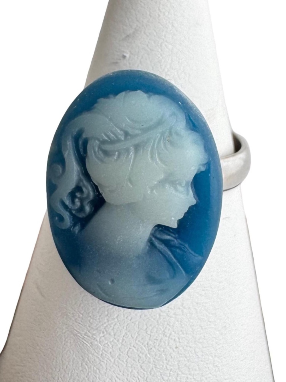 Vintage Resin Cameo Ring Blue White Victorian Style Lady Statement Adjustable